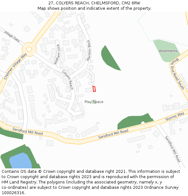 27, COLYERS REACH, CHELMSFORD, CM2 6RW: Location map and indicative extent of plot