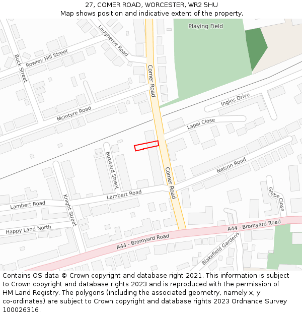 27, COMER ROAD, WORCESTER, WR2 5HU: Location map and indicative extent of plot
