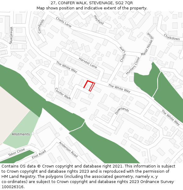 27, CONIFER WALK, STEVENAGE, SG2 7QR: Location map and indicative extent of plot