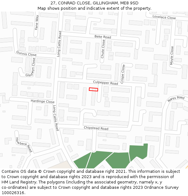 27, CONRAD CLOSE, GILLINGHAM, ME8 9SD: Location map and indicative extent of plot