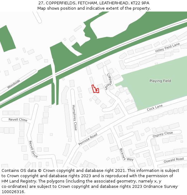 27, COPPERFIELDS, FETCHAM, LEATHERHEAD, KT22 9PA: Location map and indicative extent of plot