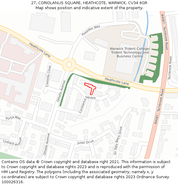 27, CORIOLANUS SQUARE, HEATHCOTE, WARWICK, CV34 6GR: Location map and indicative extent of plot