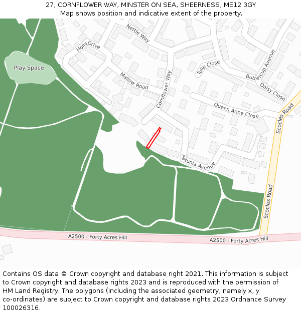 27, CORNFLOWER WAY, MINSTER ON SEA, SHEERNESS, ME12 3GY: Location map and indicative extent of plot