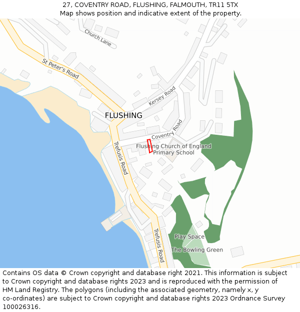 27, COVENTRY ROAD, FLUSHING, FALMOUTH, TR11 5TX: Location map and indicative extent of plot