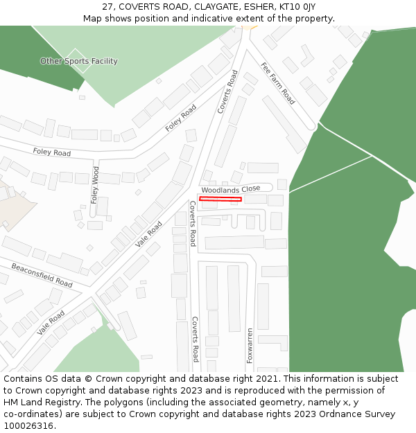 27, COVERTS ROAD, CLAYGATE, ESHER, KT10 0JY: Location map and indicative extent of plot