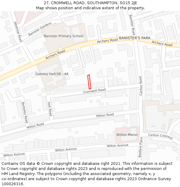 27, CROMWELL ROAD, SOUTHAMPTON, SO15 2JE: Location map and indicative extent of plot