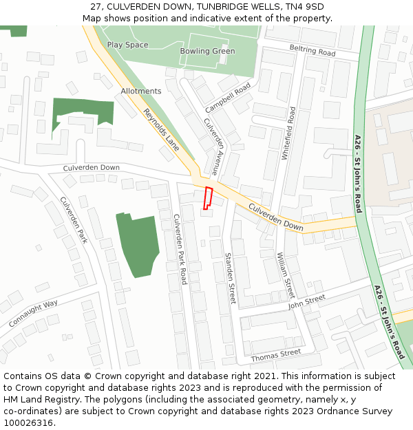 27, CULVERDEN DOWN, TUNBRIDGE WELLS, TN4 9SD: Location map and indicative extent of plot