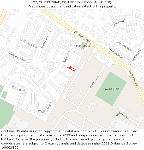 27, CURTIS DRIVE, CONINGSBY, LINCOLN, LN4 4NQ: Location map and indicative extent of plot