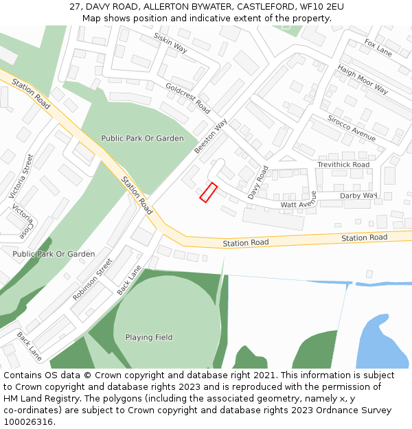 27, DAVY ROAD, ALLERTON BYWATER, CASTLEFORD, WF10 2EU: Location map and indicative extent of plot