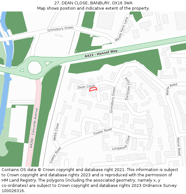 27, DEAN CLOSE, BANBURY, OX16 3WA: Location map and indicative extent of plot