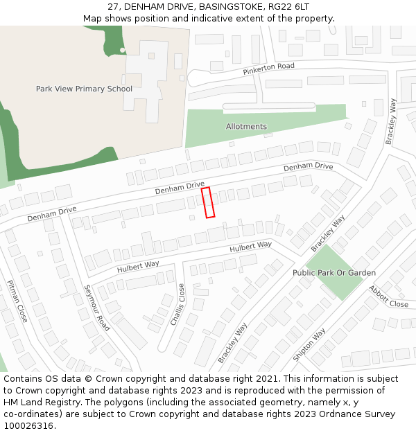 27, DENHAM DRIVE, BASINGSTOKE, RG22 6LT: Location map and indicative extent of plot