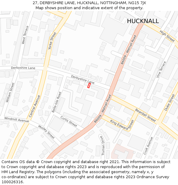 27, DERBYSHIRE LANE, HUCKNALL, NOTTINGHAM, NG15 7JX: Location map and indicative extent of plot