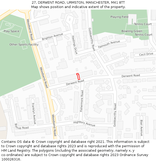 27, DERWENT ROAD, URMSTON, MANCHESTER, M41 8TT: Location map and indicative extent of plot