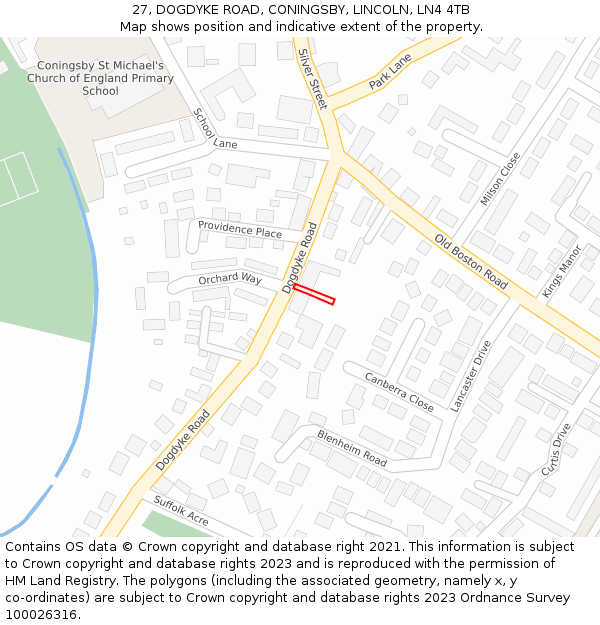 27, DOGDYKE ROAD, CONINGSBY, LINCOLN, LN4 4TB: Location map and indicative extent of plot