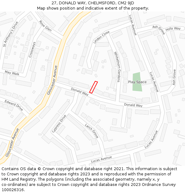 27, DONALD WAY, CHELMSFORD, CM2 9JD: Location map and indicative extent of plot