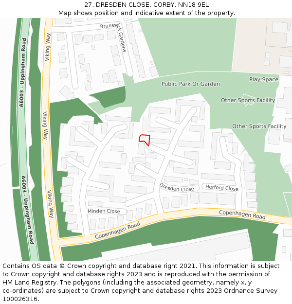 27, DRESDEN CLOSE, CORBY, NN18 9EL: Location map and indicative extent of plot