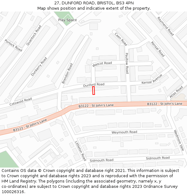 27, DUNFORD ROAD, BRISTOL, BS3 4PN: Location map and indicative extent of plot