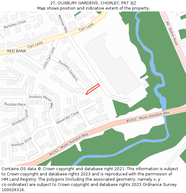 27, DUXBURY GARDENS, CHORLEY, PR7 3JZ: Location map and indicative extent of plot
