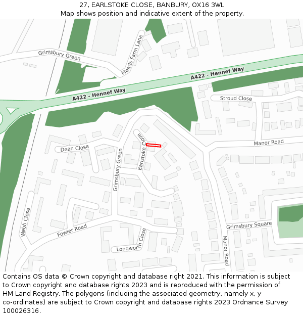 27, EARLSTOKE CLOSE, BANBURY, OX16 3WL: Location map and indicative extent of plot