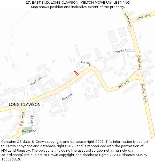 27, EAST END, LONG CLAWSON, MELTON MOWBRAY, LE14 4NG: Location map and indicative extent of plot