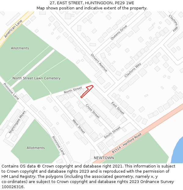 27, EAST STREET, HUNTINGDON, PE29 1WE: Location map and indicative extent of plot