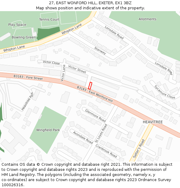 27, EAST WONFORD HILL, EXETER, EX1 3BZ: Location map and indicative extent of plot
