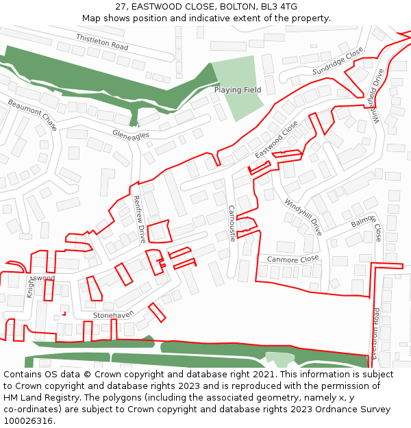 27, EASTWOOD CLOSE, BOLTON, BL3 4TG: Location map and indicative extent of plot