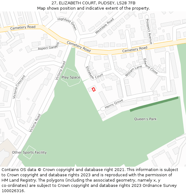 27, ELIZABETH COURT, PUDSEY, LS28 7FB: Location map and indicative extent of plot