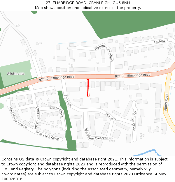 27, ELMBRIDGE ROAD, CRANLEIGH, GU6 8NH: Location map and indicative extent of plot