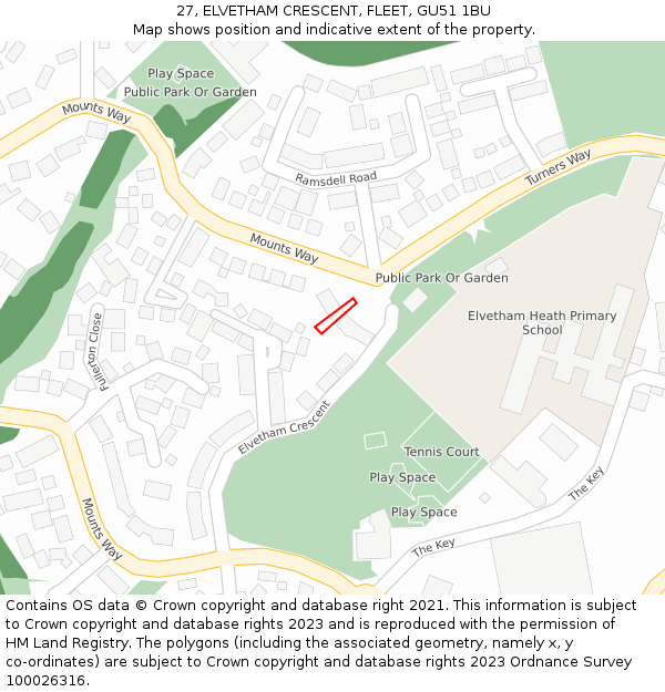 27, ELVETHAM CRESCENT, FLEET, GU51 1BU: Location map and indicative extent of plot