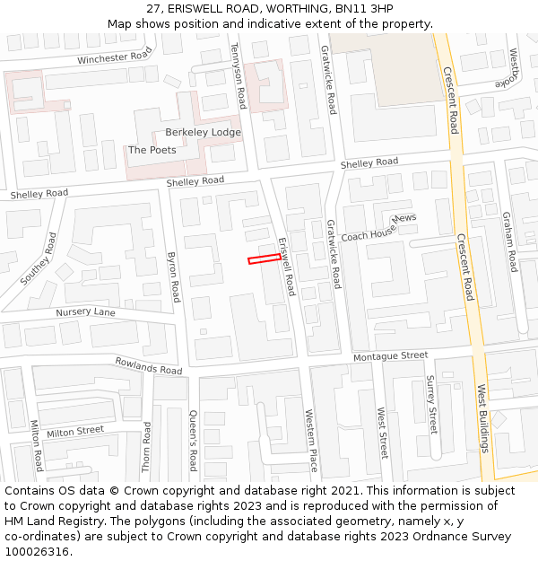 27, ERISWELL ROAD, WORTHING, BN11 3HP: Location map and indicative extent of plot