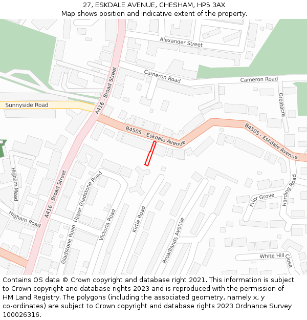 27, ESKDALE AVENUE, CHESHAM, HP5 3AX: Location map and indicative extent of plot
