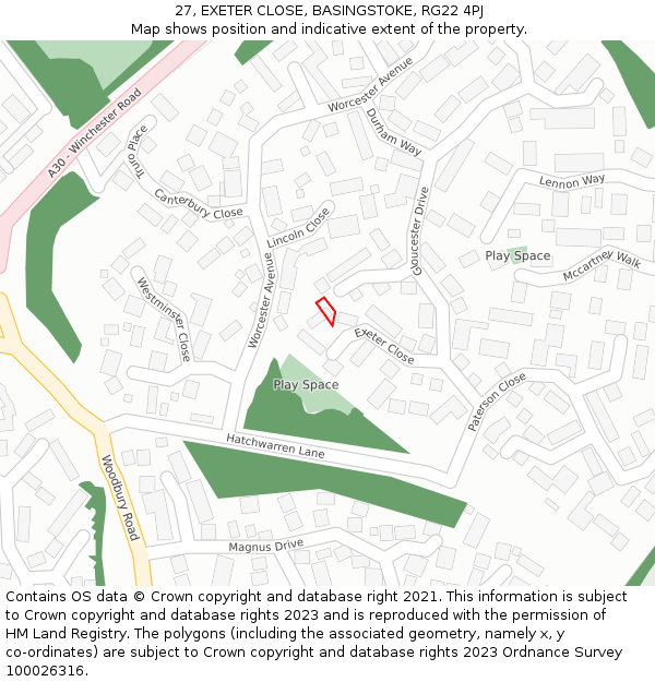 27, EXETER CLOSE, BASINGSTOKE, RG22 4PJ: Location map and indicative extent of plot