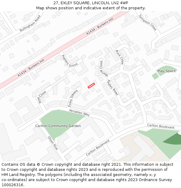 27, EXLEY SQUARE, LINCOLN, LN2 4WP: Location map and indicative extent of plot