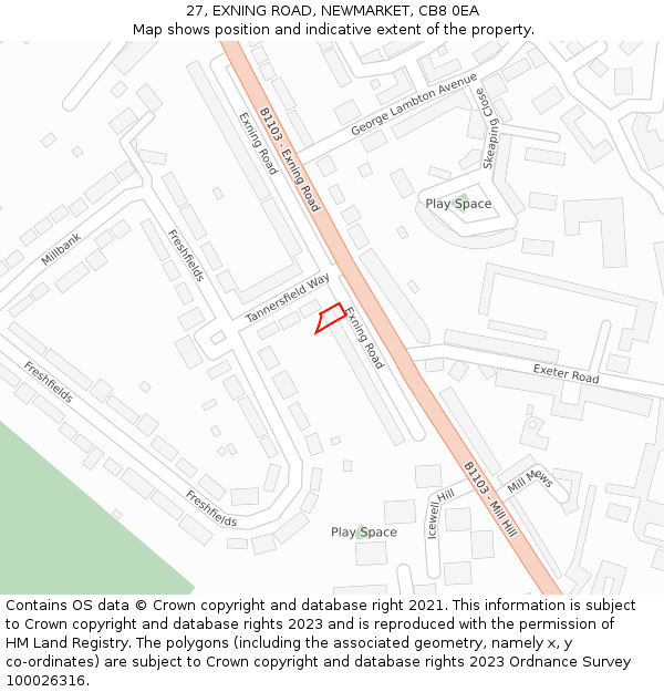 27, EXNING ROAD, NEWMARKET, CB8 0EA: Location map and indicative extent of plot