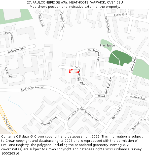27, FAULCONBRIDGE WAY, HEATHCOTE, WARWICK, CV34 6EU: Location map and indicative extent of plot