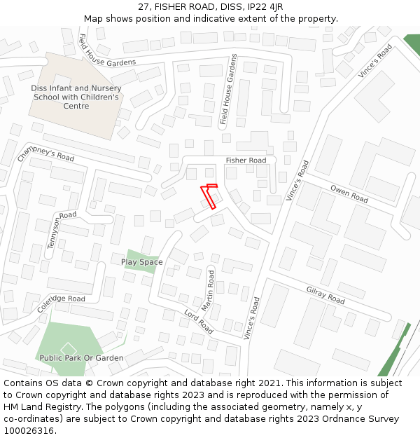27, FISHER ROAD, DISS, IP22 4JR: Location map and indicative extent of plot