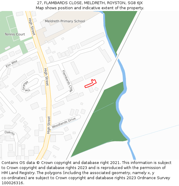 27, FLAMBARDS CLOSE, MELDRETH, ROYSTON, SG8 6JX: Location map and indicative extent of plot