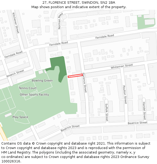 27, FLORENCE STREET, SWINDON, SN2 1BA: Location map and indicative extent of plot