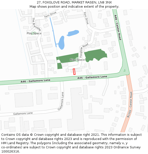 27, FOXGLOVE ROAD, MARKET RASEN, LN8 3NX: Location map and indicative extent of plot