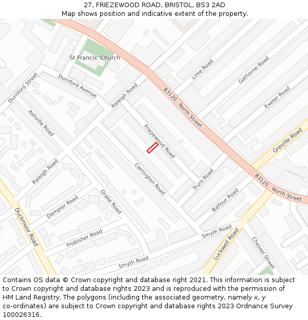 27, FRIEZEWOOD ROAD, BRISTOL, BS3 2AD: Location map and indicative extent of plot