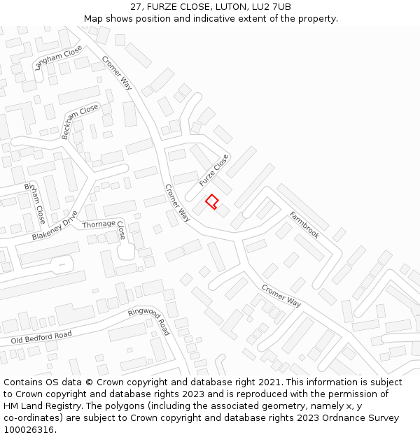 27, FURZE CLOSE, LUTON, LU2 7UB: Location map and indicative extent of plot