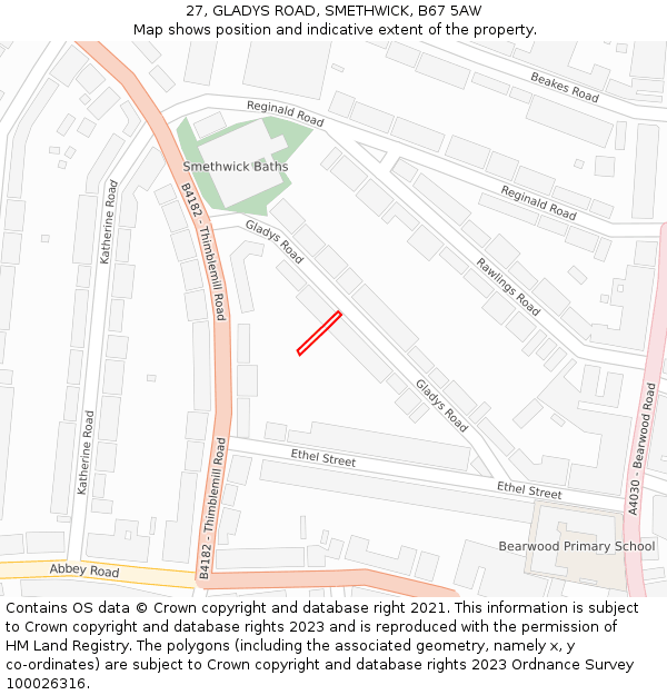 27, GLADYS ROAD, SMETHWICK, B67 5AW: Location map and indicative extent of plot