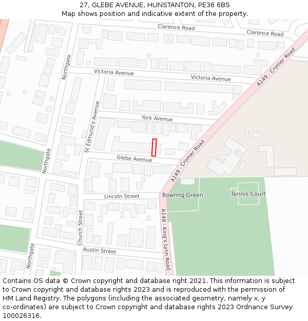 27, GLEBE AVENUE, HUNSTANTON, PE36 6BS: Location map and indicative extent of plot