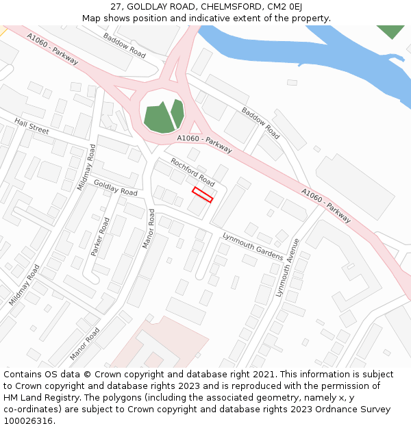 27, GOLDLAY ROAD, CHELMSFORD, CM2 0EJ: Location map and indicative extent of plot