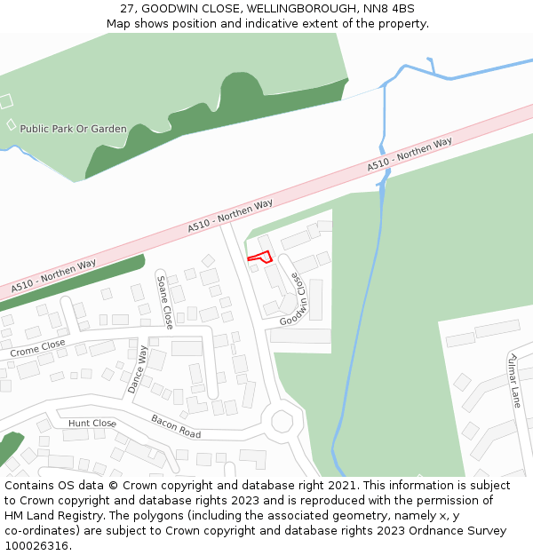 27, GOODWIN CLOSE, WELLINGBOROUGH, NN8 4BS: Location map and indicative extent of plot