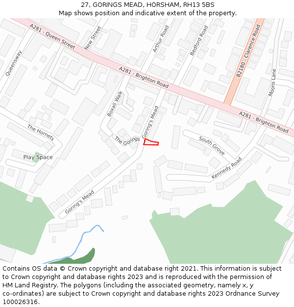 27, GORINGS MEAD, HORSHAM, RH13 5BS: Location map and indicative extent of plot