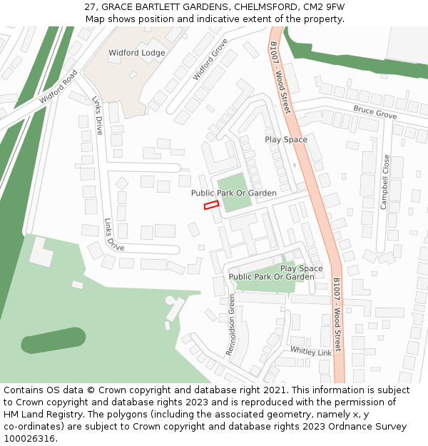 27, GRACE BARTLETT GARDENS, CHELMSFORD, CM2 9FW: Location map and indicative extent of plot