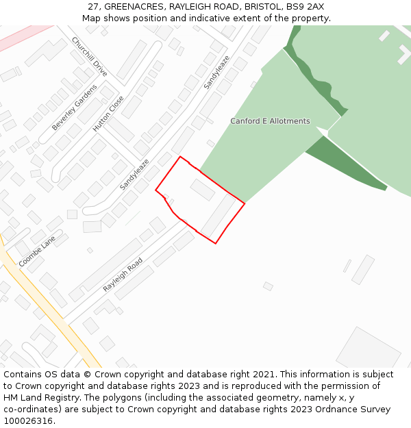 27, GREENACRES, RAYLEIGH ROAD, BRISTOL, BS9 2AX: Location map and indicative extent of plot