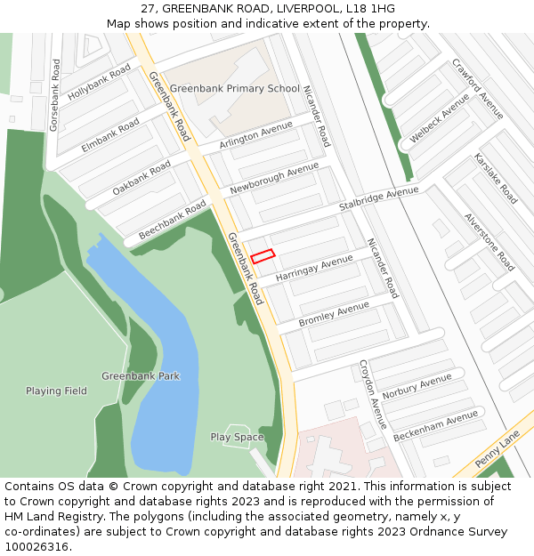 27, GREENBANK ROAD, LIVERPOOL, L18 1HG: Location map and indicative extent of plot